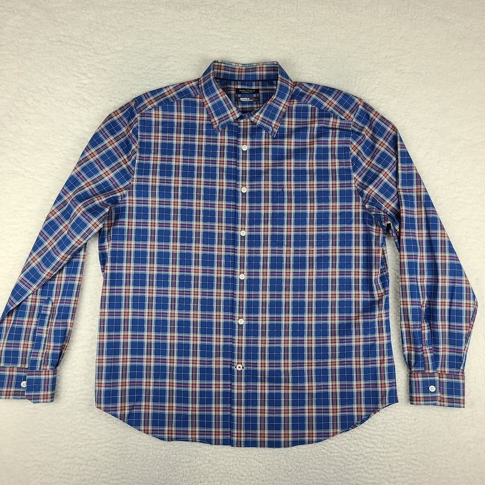 Nautica Shirt Mens XL Blue Red Plaid Wrinkle Resistant Flex Dress Button Up